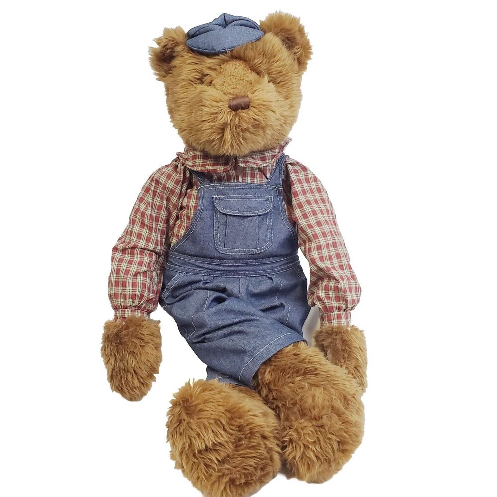 Bear Stuffed Animal Kids Large 30" Brown Plush Vintage Overalls/Hat Clip-On Toy